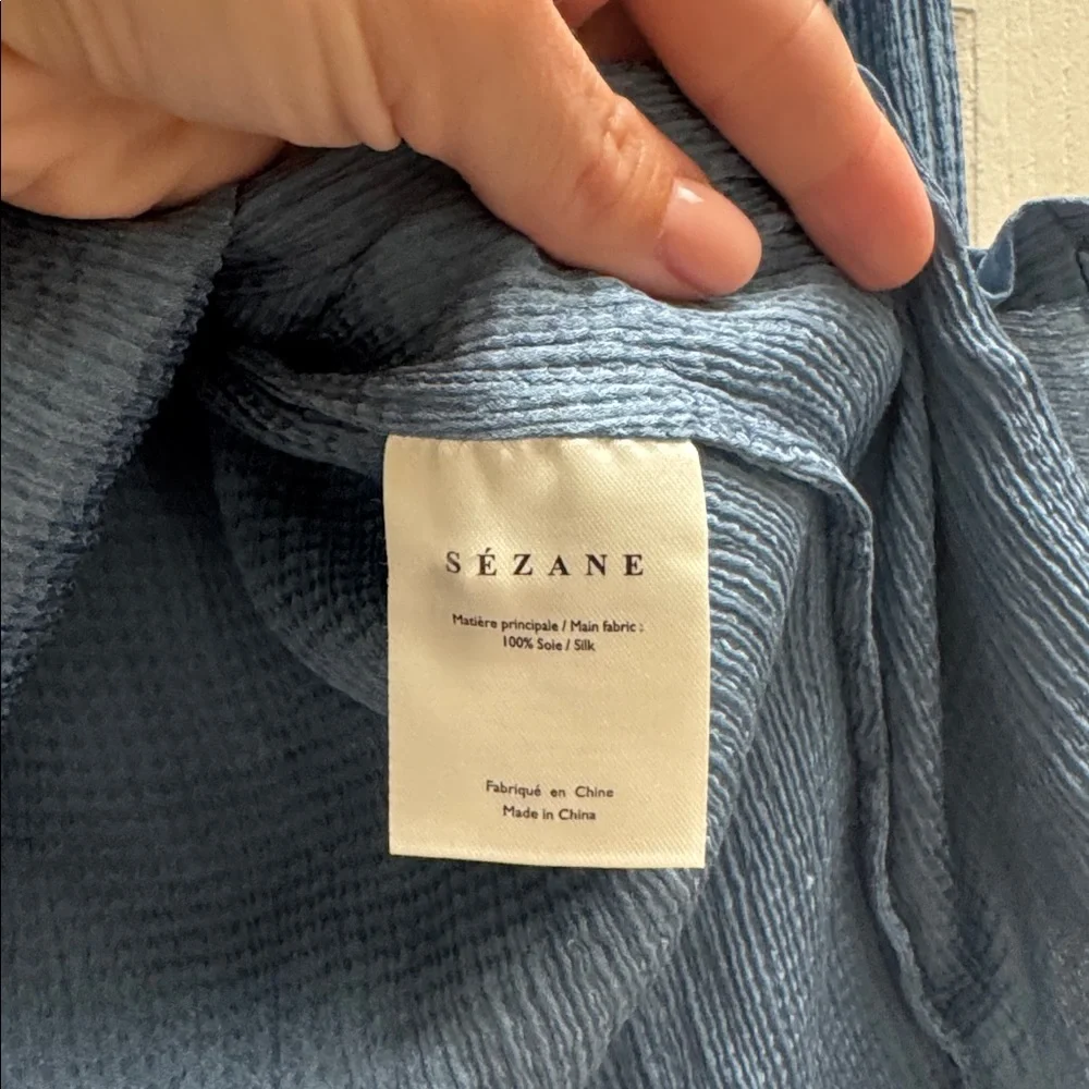 Sezane Priscille Blouse Women's 34 US 2 Ruffle V-Neck 100% Silk Button Blue - Picture 7 of 7
